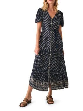 Faherty Orinda‎ Maxi Dress M Blue Boho Tiered Cottagecore Festival Button Front